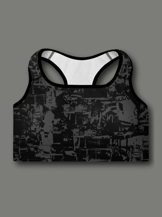 Monochromatic Abstract Sports Bra - Black/Grey