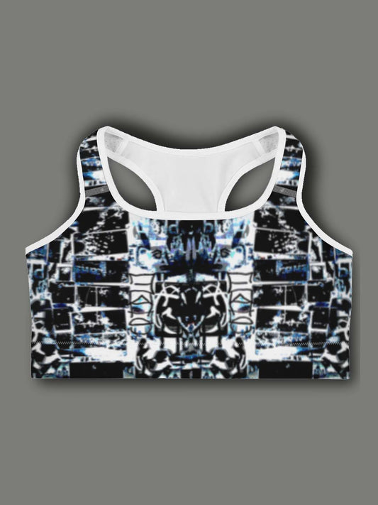 Monochromatic Abstract Sports Bra - Blue/White