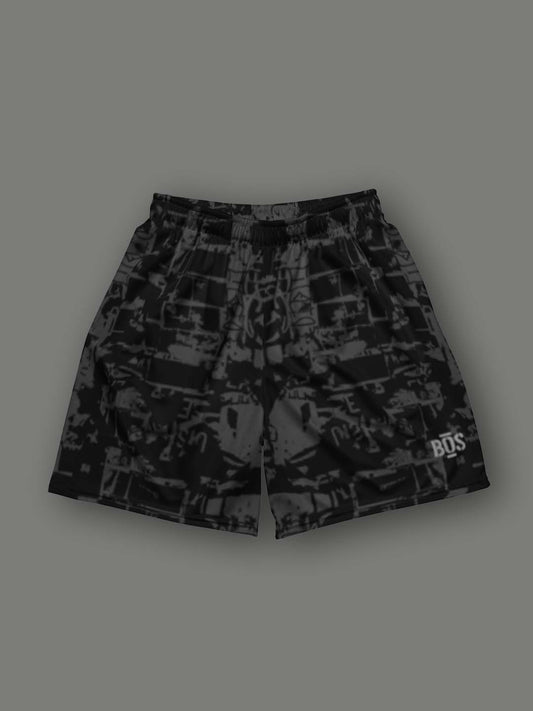 Mesh Monochromatic Abstract Shorts - Black/Grey