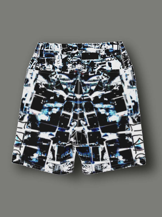 Monochromatic Abstract Yoga Shorts - Blue/White